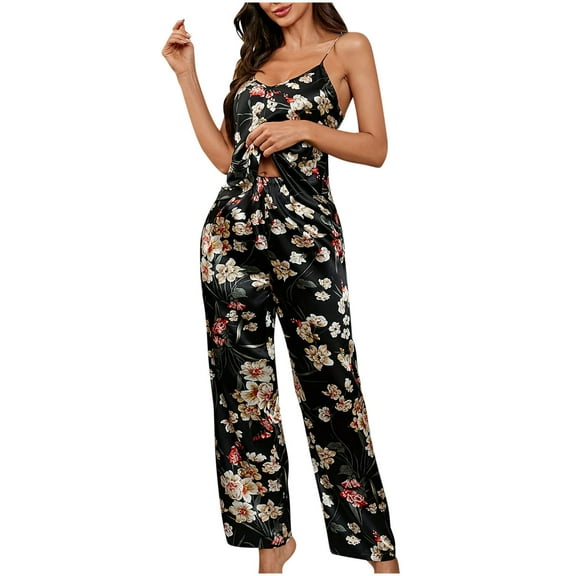 Gpaecead Satin Pajama Set for Women Silk Pjs for Women Set Camisole Top Sleepwear L Black