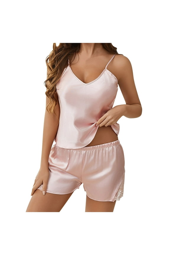 Gpaecead Satin Pajama Set for Women Silk Pjs for Women Set Camisole Top and Shorts with Ruffle Sleepwear L Pink