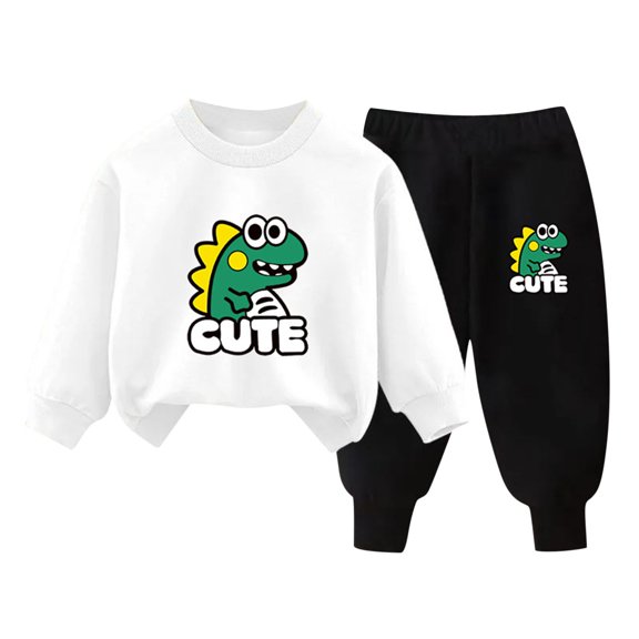 Rohuuque Toddler Boys Girls Clothes Long Sleeves Shirt and Pants Outfit Toddler Spring Fall Winter Clothing Set With Dinosaur Print 4 Years White