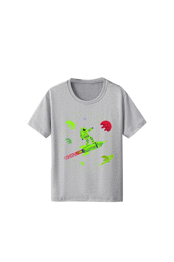 Rohuuque Toddler Boys Girls Shirts Cartoon Casual Space Printed Shirt Summer Short Sleeve Round Neck T-Shirt for Kids 4 Years Gray