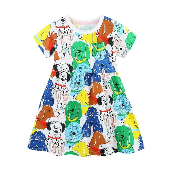 Gpaecead Toddler Girls Short Sleeve Dresses Dog Printed Cotton Casual Basic Knit Shirt Sundress with Pockets 3 Years Yellow