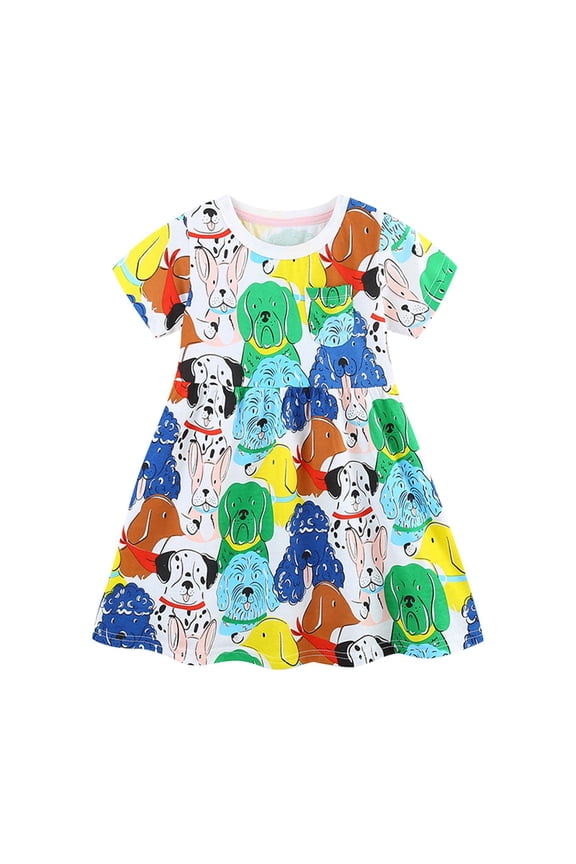 Gpaecead Toddler Girls Short Sleeve Dresses Dog Printed Cotton Casual Basic Knit Shirt Sundress with Pockets 4 Years Yellow