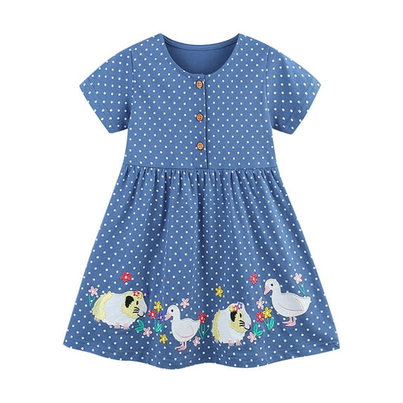 Gpaecead Toddler Girls Short Sleeve Dresses Duck Printed Cotton Casual Basic Knit Shirt Sundress with Pockets 4 Years Blue