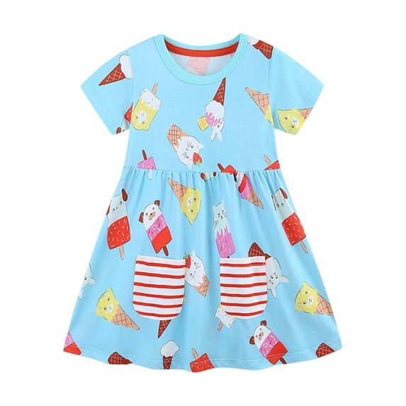 Gpaecead Toddler Girls Short Sleeve Dresses Ice Cream Printed Cotton Casual Basic Knit Shirt Sundress with Pockets 5 Years Light Blue