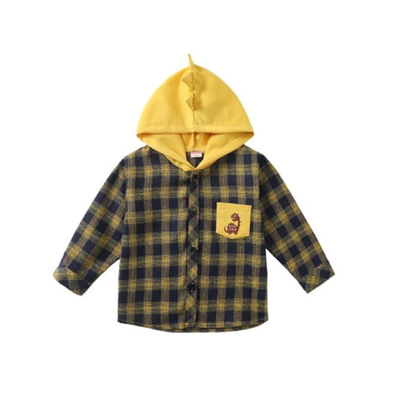 Rohuuque Toddler Kids Boys Girls Cotton Plaid Shirt Button Baby Long Sleeve Hooded Clothes 7-8 Years Yellow
