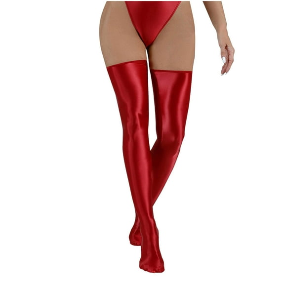 Gpaecead Women's Footed Leggings Metallic Dance Tights Shiny Leggings Shimmer Pants Glitter Tights Free Size Red