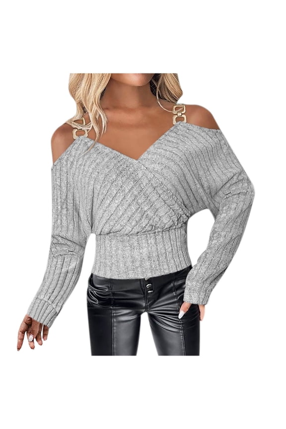Gpaecead Women's Long Sleeve Casual Loose V-neck Tops - Metal Button, Strapless & Shoulder-exposing Style M Gray
