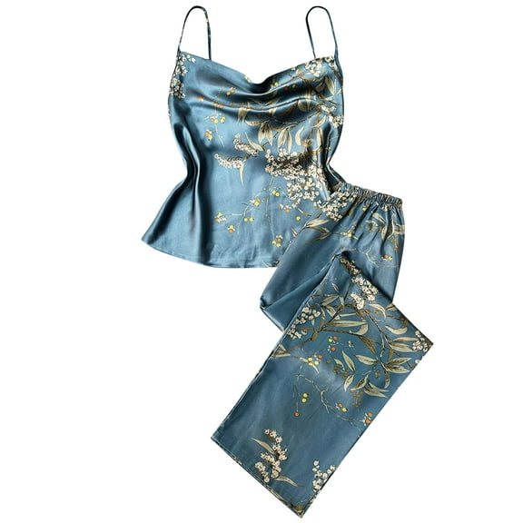 Gpaecead Women's Silk Pajama Sets Lace Camisole Shorts Set Satin Camisole Set Lounge Set Sleepwear M Blue