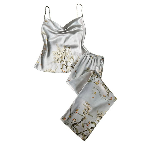 Gpaecead Women's Silk Pajama Sets Lace Camisole Shorts Set Satin Camisole Set Lounge Set Sleepwear S Gray