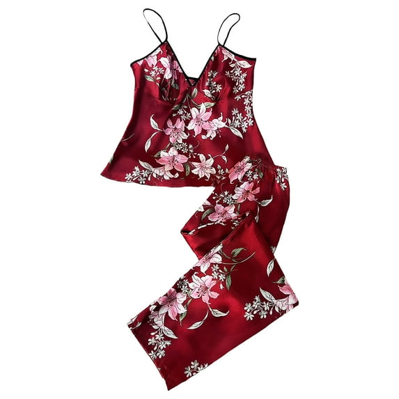 Gpaecead Women's Silk Pajama Sets Lace Camisole Shorts Set Satin Camisole Set Lounge Set Sleepwear S Red