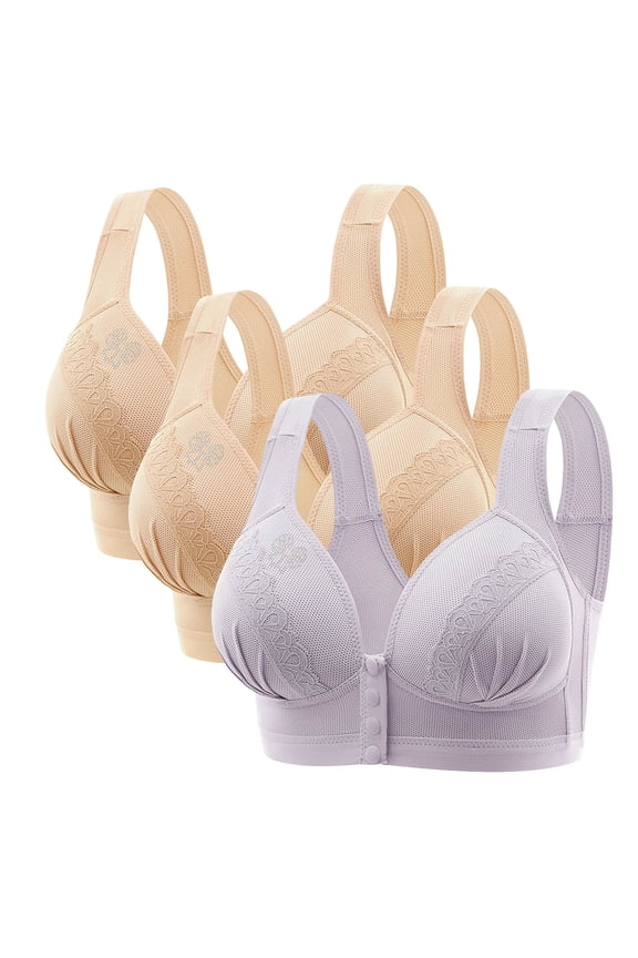 Gpaecead Womens Bras Front Closure No Underwire Supportive Bras Plus Size Push Up Bras Breathable Cotton Bras 3PC M Purple