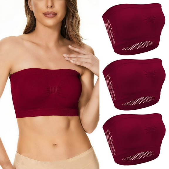 Gpaecead Womens Strapless Bra Non Slip Bras Push Up Wireless Padded Bras Supportive Seamless Bra Comfortable Tube Bra 3pc XL Wine