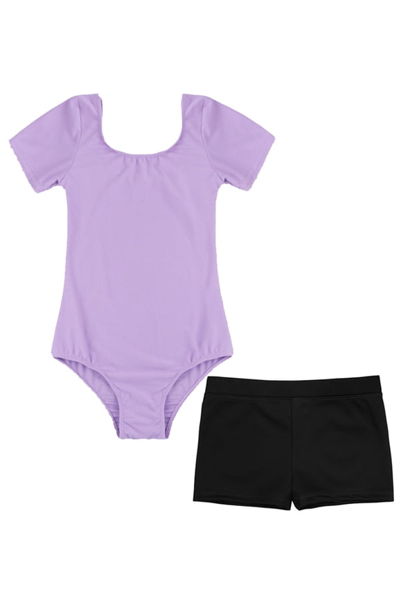 2 Piece Gymnastics Outfits for Girls Short Sleeve Ballet Dance Leotard Kids Biketard Unitard Lavender&Black 12
