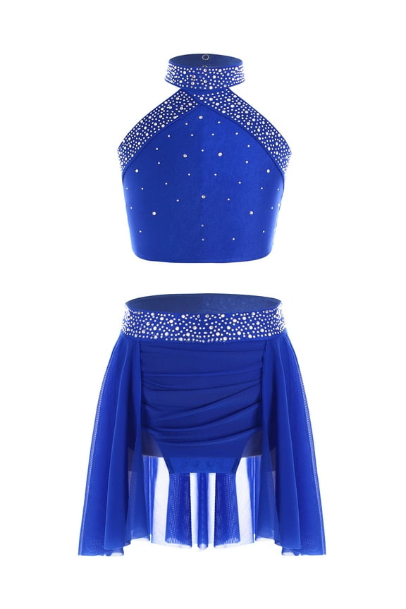 Big Girls Lyrical Ballet Modern Dancewear Costume Two-Pieces Jazz Latin Dance Set for Performance Blue 16