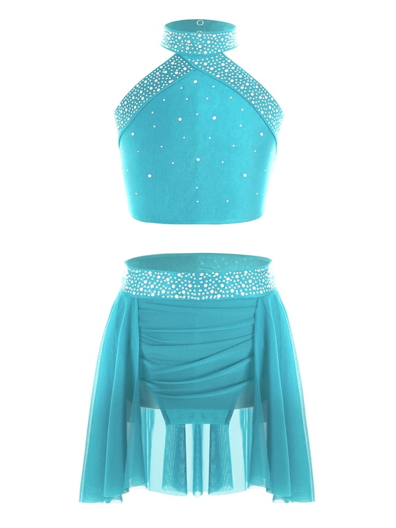 Big Girls Lyrical Ballet Modern Dancewear Costume Two-Pieces Jazz Latin Dance Set for Performance Blue Green 10