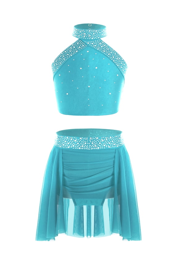Big Girls Lyrical Ballet Modern Dancewear Costume Two-Pieces Jazz Latin Dance Set for Performance Blue Green 6