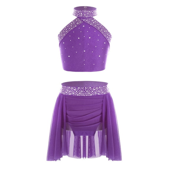 Yanarno Big Girls Lyrical Ballet Modern Dancewear Costume Two-Pieces Jazz Latin Dance Set for Performance Purple 6