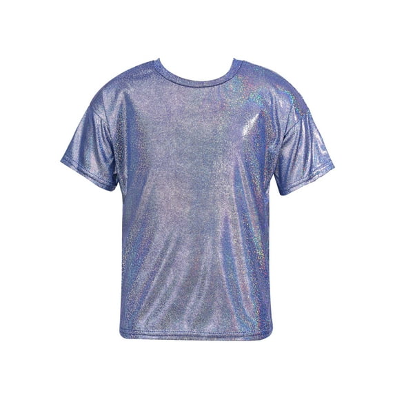 Yanarno Girls Boys Shiny Metallic Short Sleeve T-Shirt Modern Dance Jazz Hip Hop Top Performance Top Royal Blue 150
