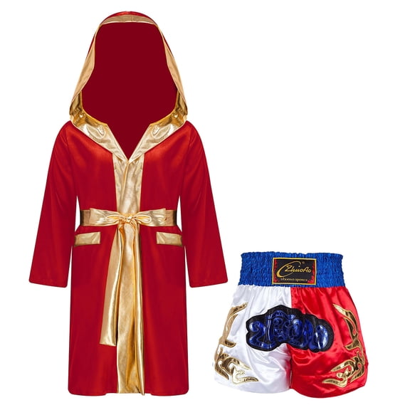 Yanarno Kids Boys Boxing Costumes Satin Boxer Cloak Hooded Robe Boxing Shorts Halloween Cosplay Outfits Burgundy A 6