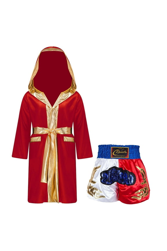 Kids Boys Boxing Costumes Satin Boxer Cloak Hooded Robe Boxing Shorts Halloween Cosplay Outfits Burgundy A 6