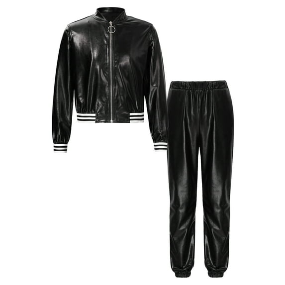 Yanarno Kids Boys Girls Long Sleeves Bomber Jacket and Sweatpants Set Jazz Hip Hop Metallic Dance Black 8