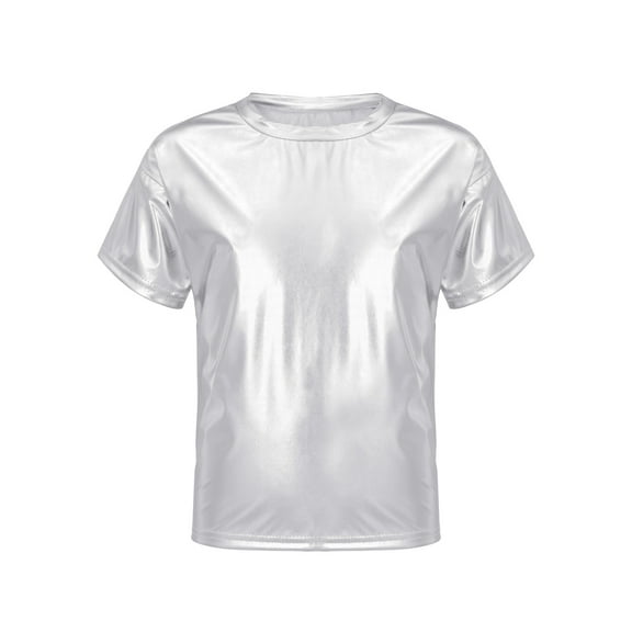 Yanarno Kids Boys Girls Shiny Metallic T-Shirts Short Sleeves Sparkly Tee Tops for Hip Hop Jazz Disco Silver 130