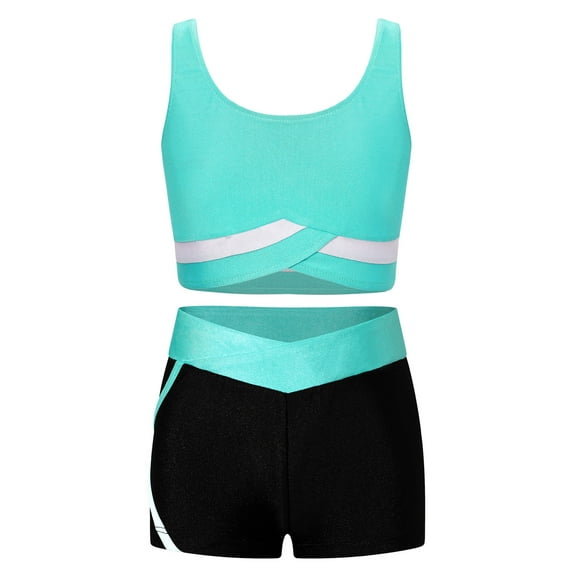 Yanarno Kids Girls 2 Piece Active Dancewear Outfit Crop Top and Shorts Set for Gymnastics Dancing Blue Green 8