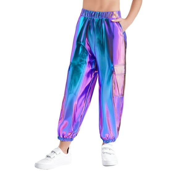 Yanarno Kids Girls Boys Shiny Metallic Jazz Hip Hop Dance Trousers Cargo Pants Jogger Sweatpants Streetwear Blue 8