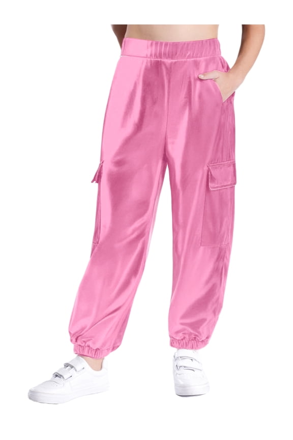Kids Girls Boys Shiny Metallic Jazz Hip Hop Dance Trousers Cargo Pants Jogger Sweatpants Streetwear Pink 6