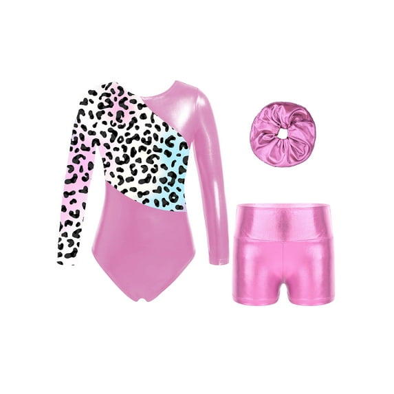 Yanarno Kids Girls Long Sleeve Gymnastics Leotards Set Shiny Metallic Leotards with Shorts Headband Pink 10