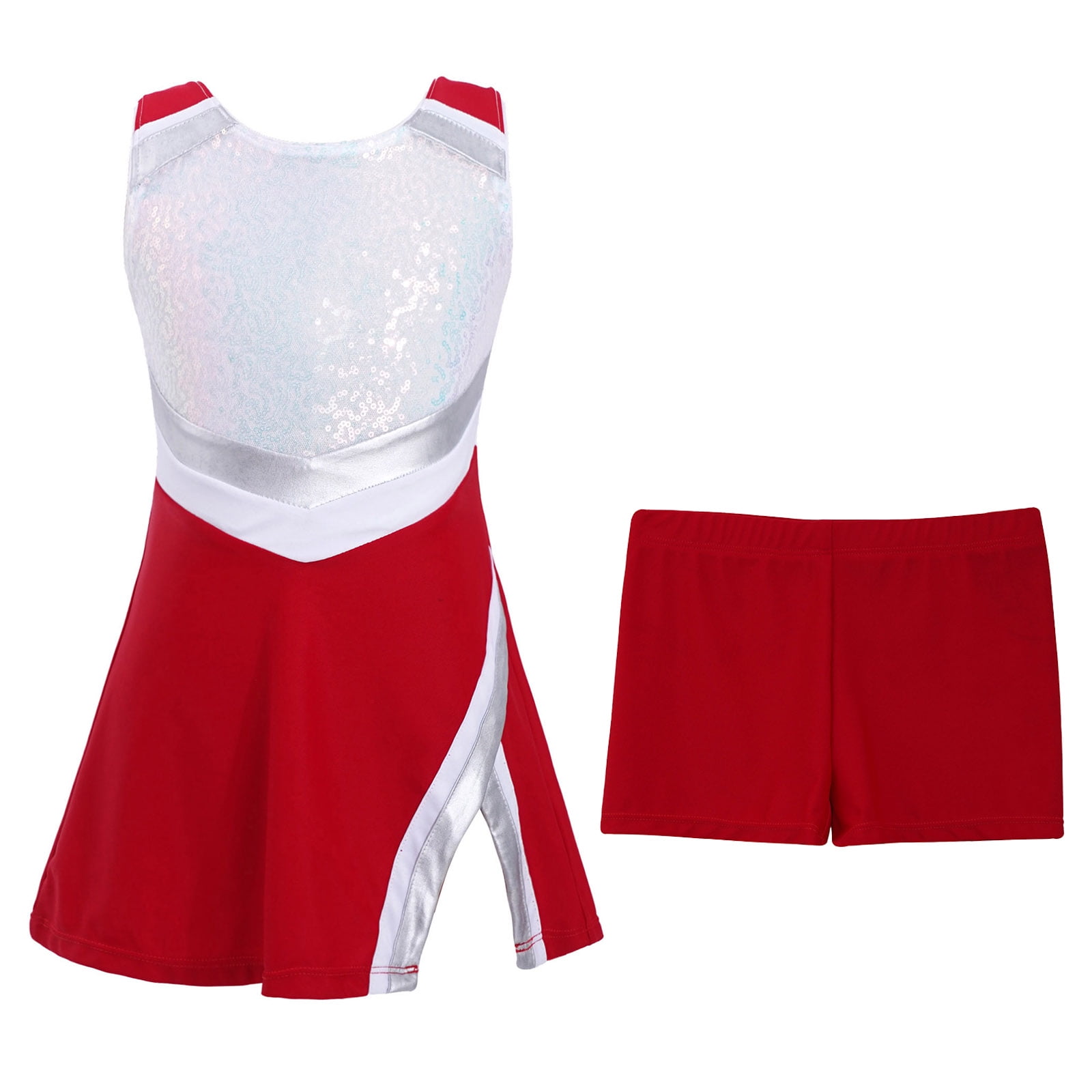 Yanarno Kids Girls Shiny Sequins Tennis Golf Sport Dress Outfits Athletic 2 Pcs A-Line Dress with Red 4