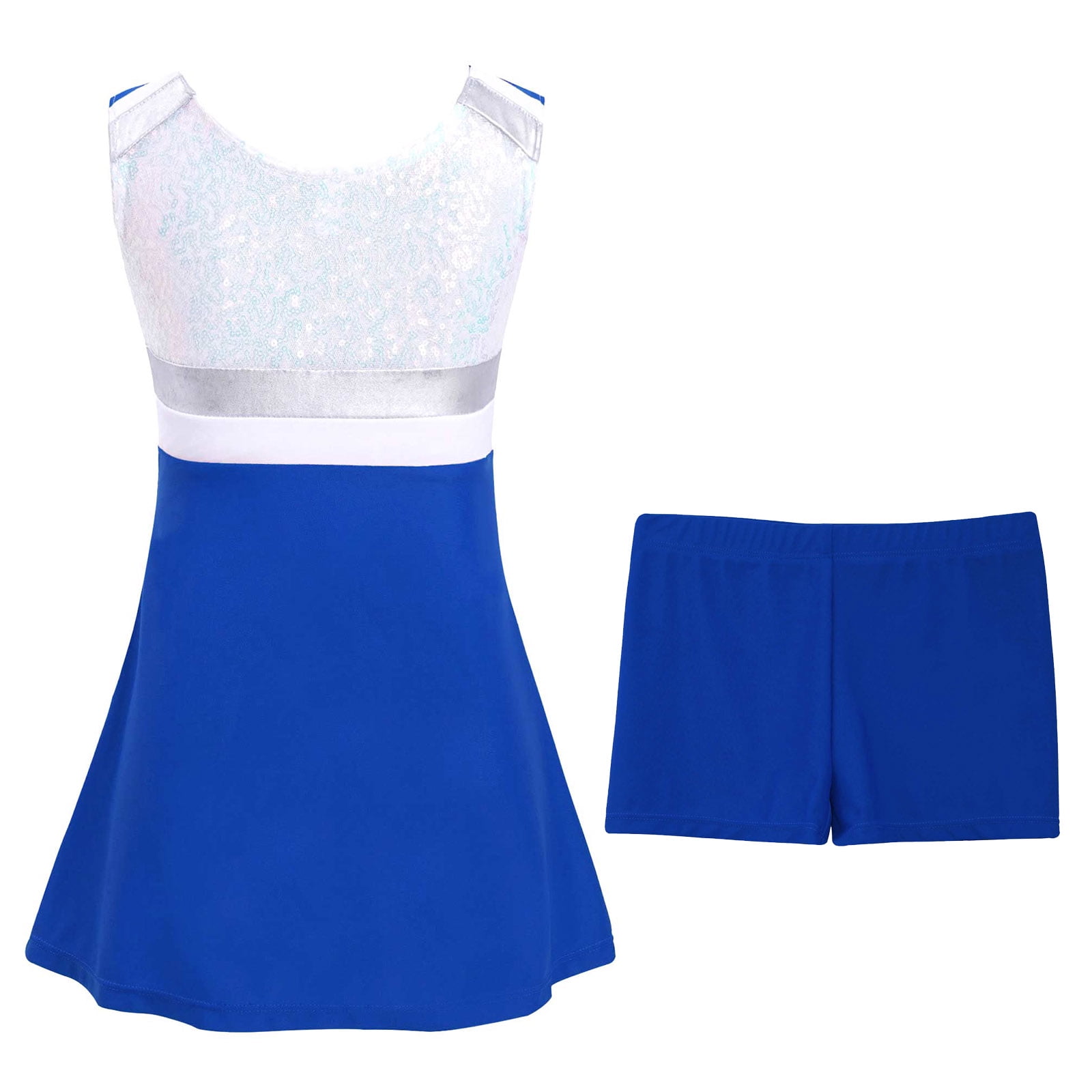 Yanarno Kids Girls Shiny Sequins Tennis Golf Sport Dress Outfits Athletic 2 Pcs A-Line Dress with Royal Blue 4