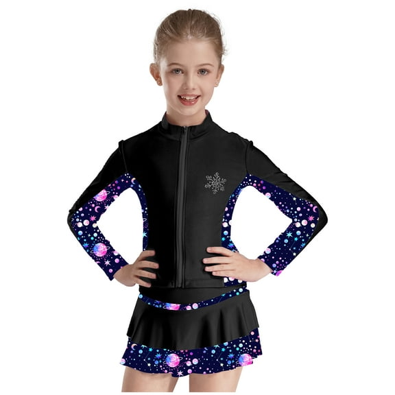 Yanarno Kids Girls Zipper Figure Ice Skating Jacket Long Sleeve Gymnastic Athletic Sport Top Sparkly Black 4