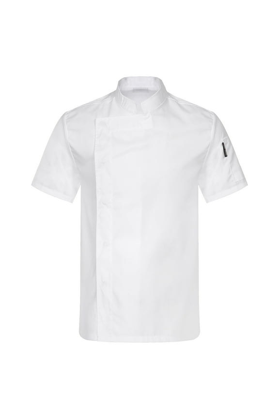 Men's Unisex Short Sleeve Chef Jacket Stand Collar Chef Shirts Coat Press Buttons Uniform Whie L