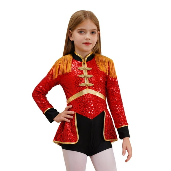 Yanarno Ringmaster Circus Drummer Costume for Girls Kids Sequins Leotards Bodysuit Dress Halloween Red 16
