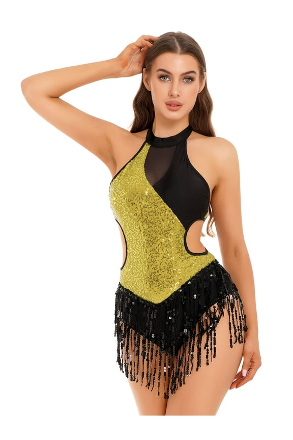 Shiny Fringed Latin Jazz Dance Dress for Women Adult Cha-Cha Lyrical Dance Leotard Dress Gold XL