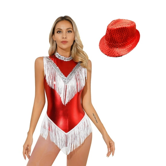 Yanarno Women's Cheer Leader Fancy Uniform Cheerleading Dance Outfits Halloween Party Tassel Costume Red S