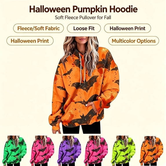 Yanchicy Women's Halloween Hoodie Sweatshirt All Over Orange Splatter Bat Print Soft Lightweight Thin Fleece Oversized Fall Happy Halloween Clothes Drawstring Pocket Hooded Pullover Tops