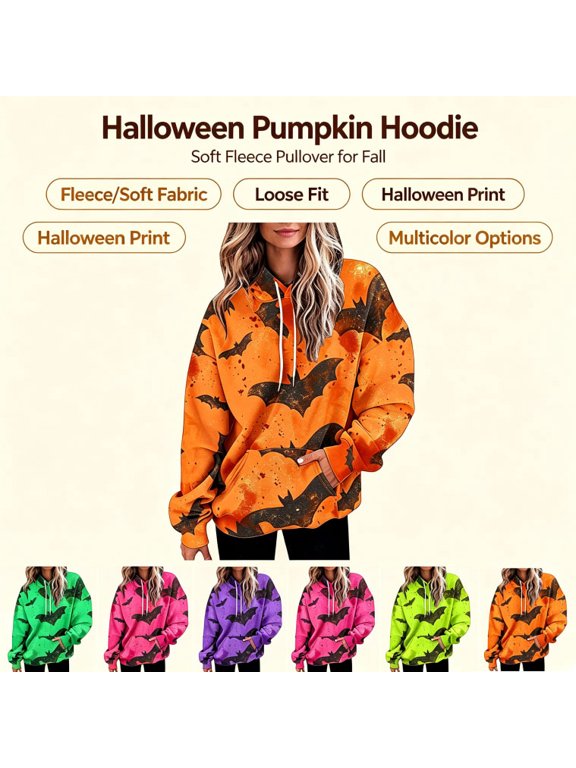 Women's Halloween Hoodie Sweatshirt All Over Orange Splatter Bat Print Soft Lightweight Thin Fleece Oversized Fall Happy Halloween Clothes Drawstring Pocket Hooded Pullover Tops