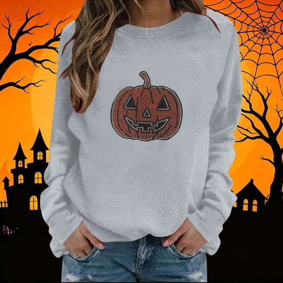 Yanchicy Womens Crew Neck Sweatshirt Long Sleeve Pullover Tops Thin Fleece Rhinestone Ghost Graphic Soft Loose Fall Halloween Clothes Spooky Season Outfit