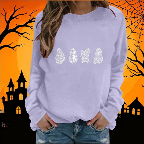 Yanchicy Womens Crew Neck Sweatshirt Long Sleeve Pullover Tops Thin Fleece Rhinestone Ghost Graphic Soft Loose Fall Halloween Clothes Spooky Season Outfit