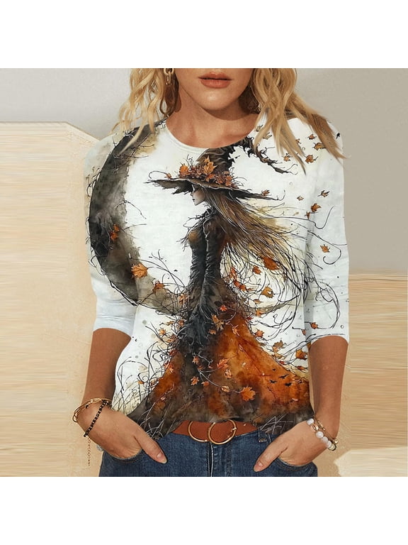 Womens Crew Neck Three Quarter Top Graphic Tee Print 3/4 Length Sleeve Soft Lightweight Loose Fall Halloween Clothes Casual Blouses Spooky Season Fashion