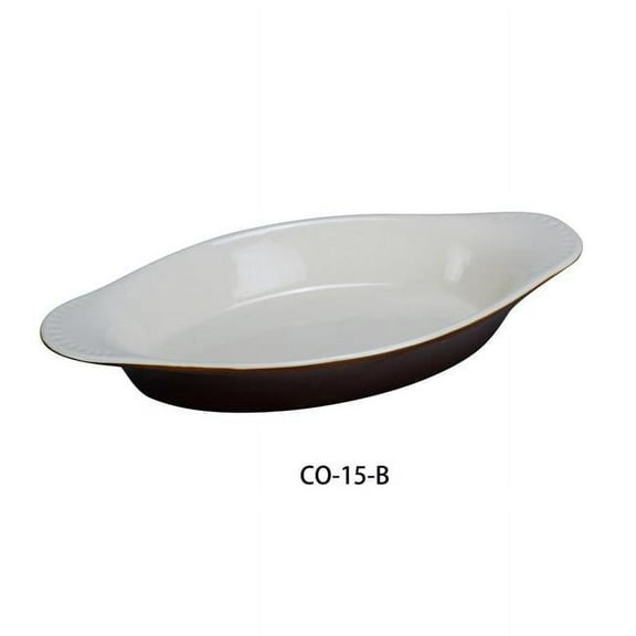 Yanco CO-15-B Welsh Rarebit Crock, Oval, 15 oz Capacity, China, 10.75" Length, 5.75" Width, 1.25" Height, White/Brown Color, Pack of 36