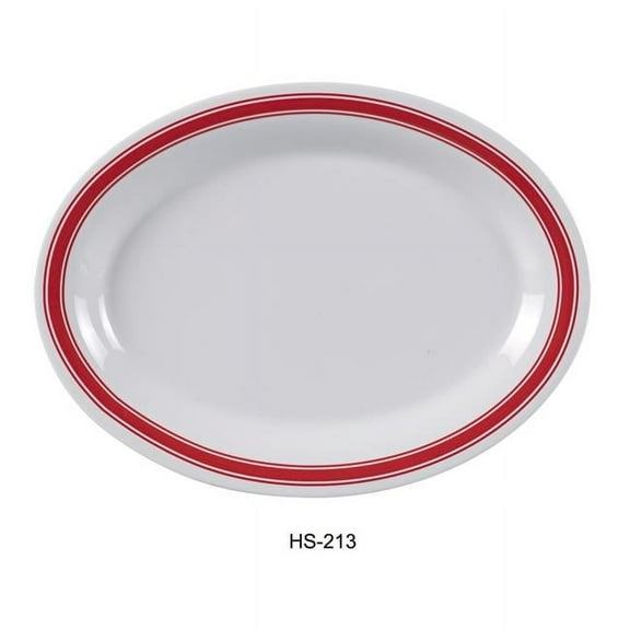 Yanco HS-213 Houston Oval Platter - Melamine, White & Red Rim - 10.5 x 13.5 in. - Pack of 12