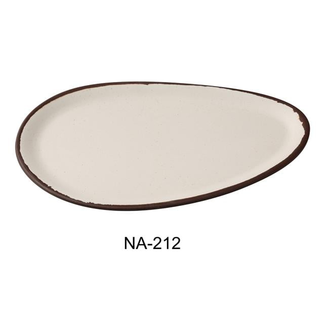 Ivory Speckled Melamine Oval Dinner Plate with Brown Rim, 12"