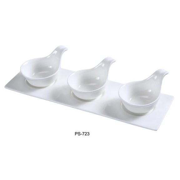 Yanco PS-723 3.25 x 4.5 x 13.5 in. Porcelain Three Spoon with Tray Well Set, Bone White - 4 oz - Pack of 12