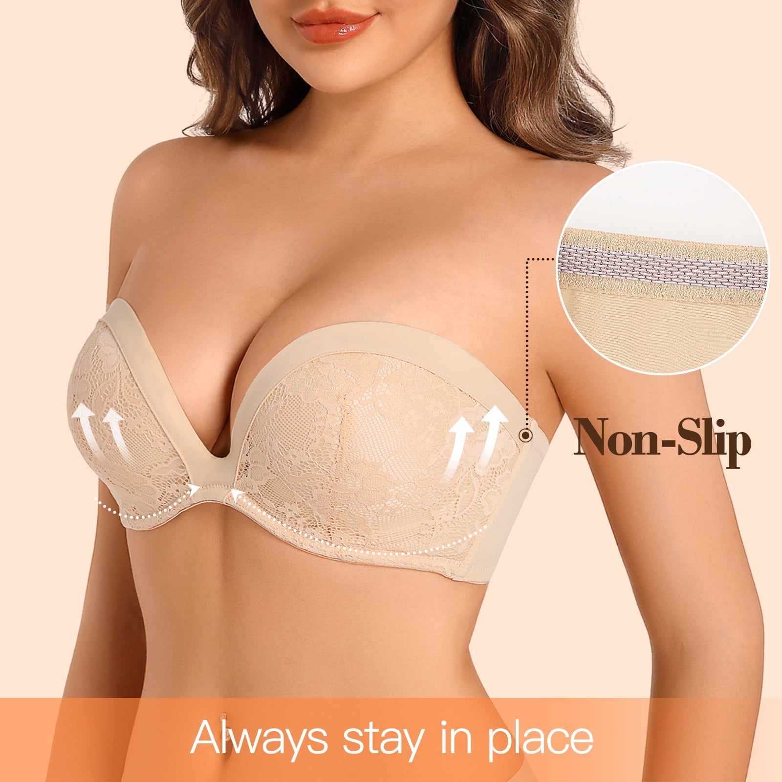 YANDW Push-up beha zonder bandjes, bloemenkant, gevoerd, 2 schalen, multiway met transparante bandjes, beugel zonder bandjes, nude, 75B