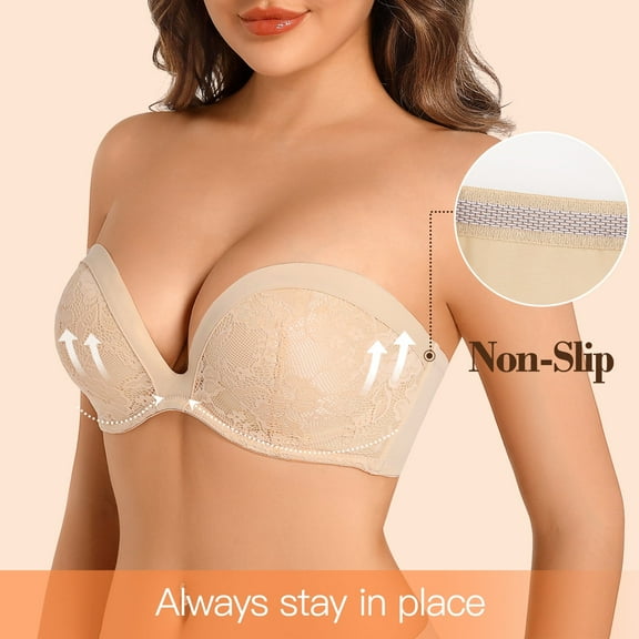 Yandw Strapless Deep V Plunge Push Up Underwire Add 2 cups Convertible Bra with Clear Straps