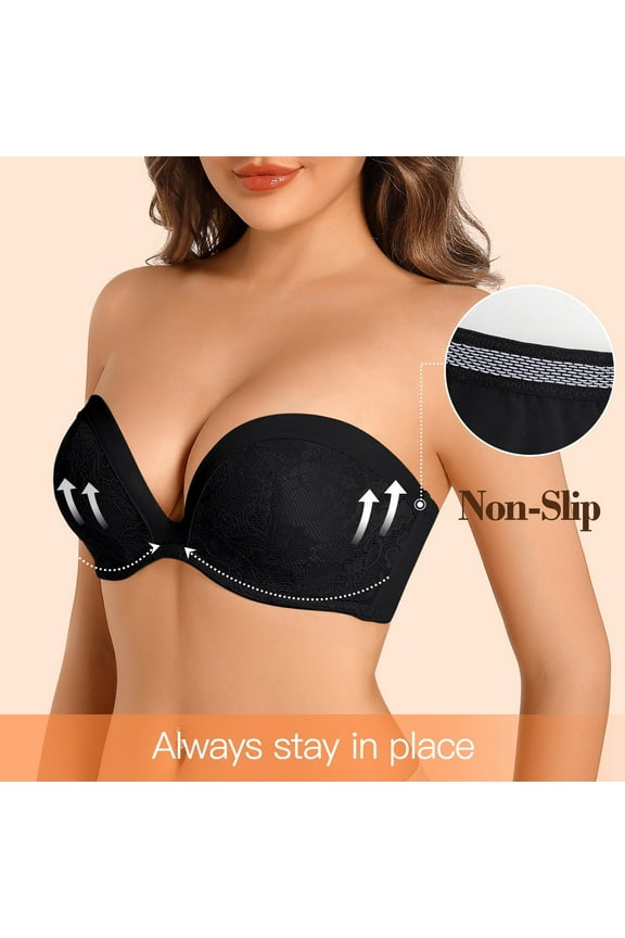 Strapless Deep V Plunge Push Up Underwire Add 2 cups Convertible Bra with Clear Straps