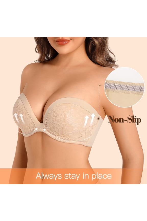 Strapless Deep V Plunge Push Up Underwire Add 2 cups Convertible Bra with Clear Straps